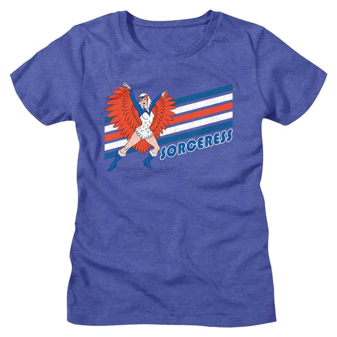 Blue masters of the universe womens t-shirt with a graphic design of a sorceress and the word 'Sorceress' on a white background