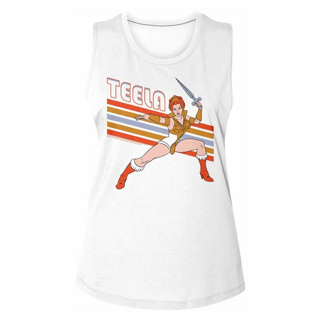 Masters of the Universe White tank top with a graphic of a character holding a sword and 'Teela' text on a white background