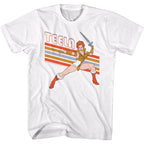 White t-shirt with a graphic of a character holding a sword and 'TEELA' text on a striped background.