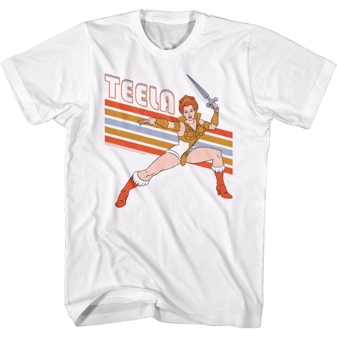 White t-shirt with a graphic of a character holding a sword and 'TEELA' text on a striped background.