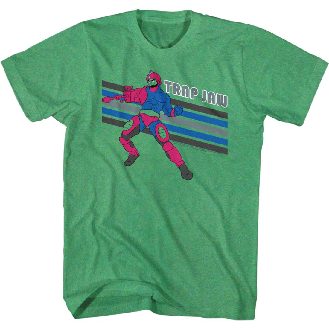 Green Masters of the Universe t-shirt with a robot graphic and 'TRAP JAW' text on a white background