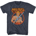 T-shirt with 'Masters of the Universe' graphic featuring a character holding a sword on a white background.