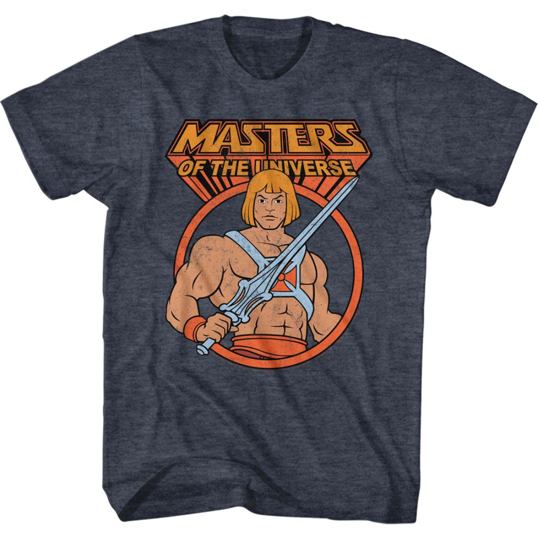 T-shirt with 'Masters of the Universe' graphic featuring a character holding a sword on a white background.
