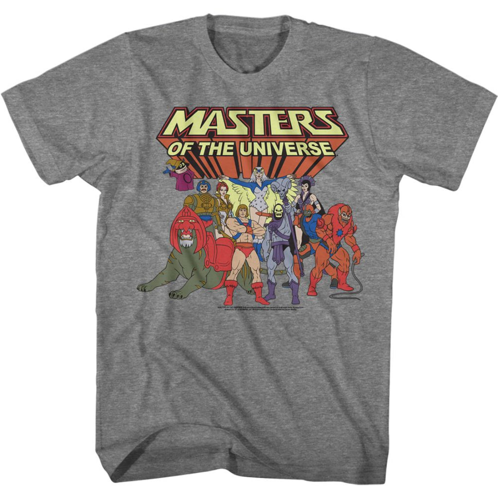 Gray t-shirt with 'Masters of the Universe' graphic on a white background