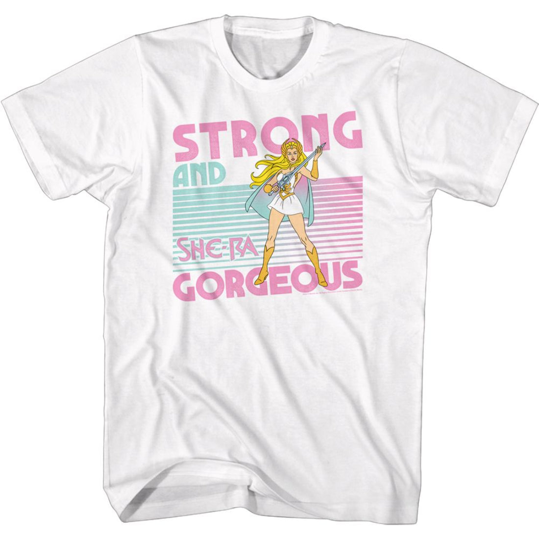 White t-shirt with She-Ra graphic and text 'Strong and She-Ra Gorgeous' on a white background