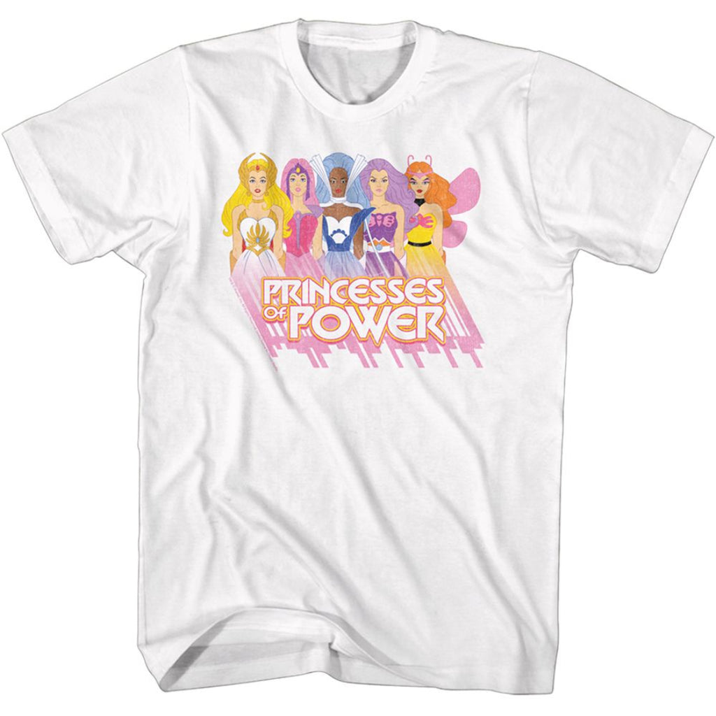 White t-shirt with 'Princesses of Power' graphic featuring five female figures.