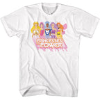 White t-shirt with 'Princesses of Power' graphic featuring five female figures.