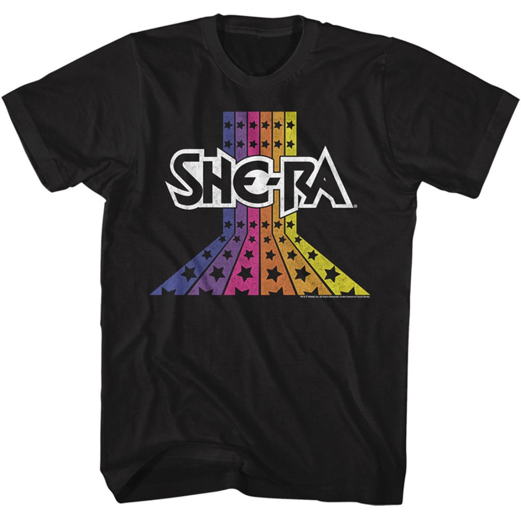 Black t-shirt with 'She-Ra' logo featuring rainbow colors on a white background