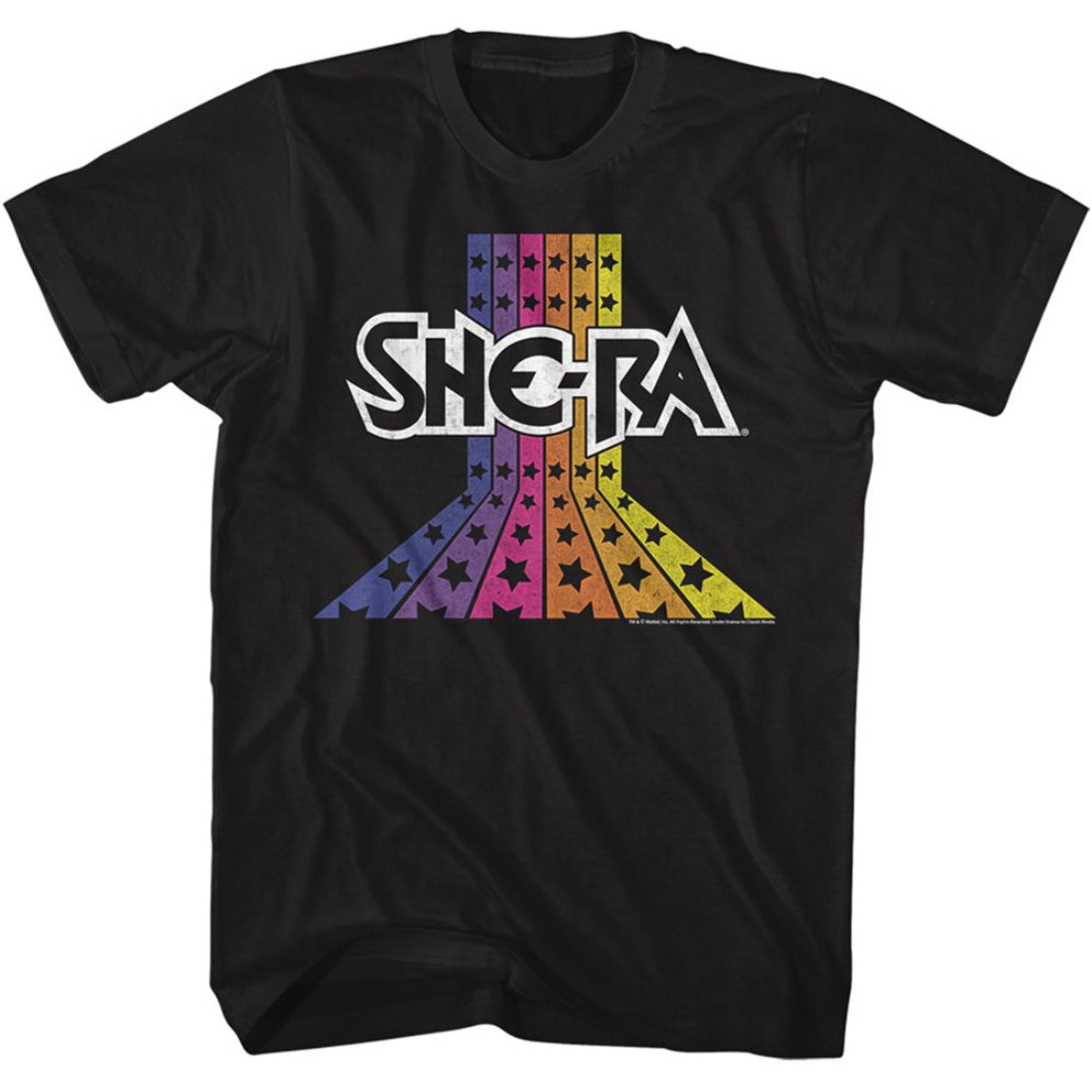 Black t-shirt with 'She-Ra' logo featuring rainbow colors on a white background