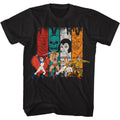 Black Masters of the Universe t-shirt with colorful graphic design featuring characters on a white background