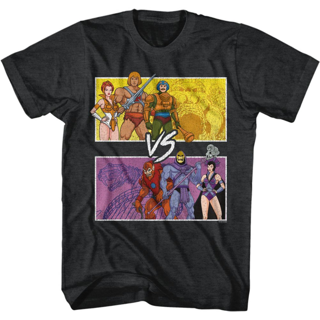 Black Masters of the Universe t-shirt with colorful graphic of characters and 'versus' design on a white background