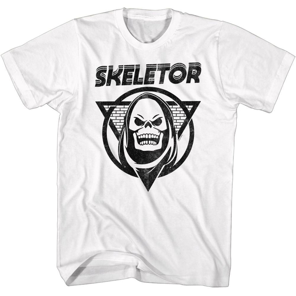 White t-shirt with Skeletor logo on a white background