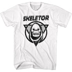 White t-shirt with Skeletor logo on a white background