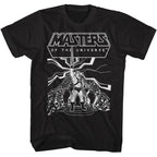 Black t-shirt with 'Masters of the Universe' graphic design on a white background