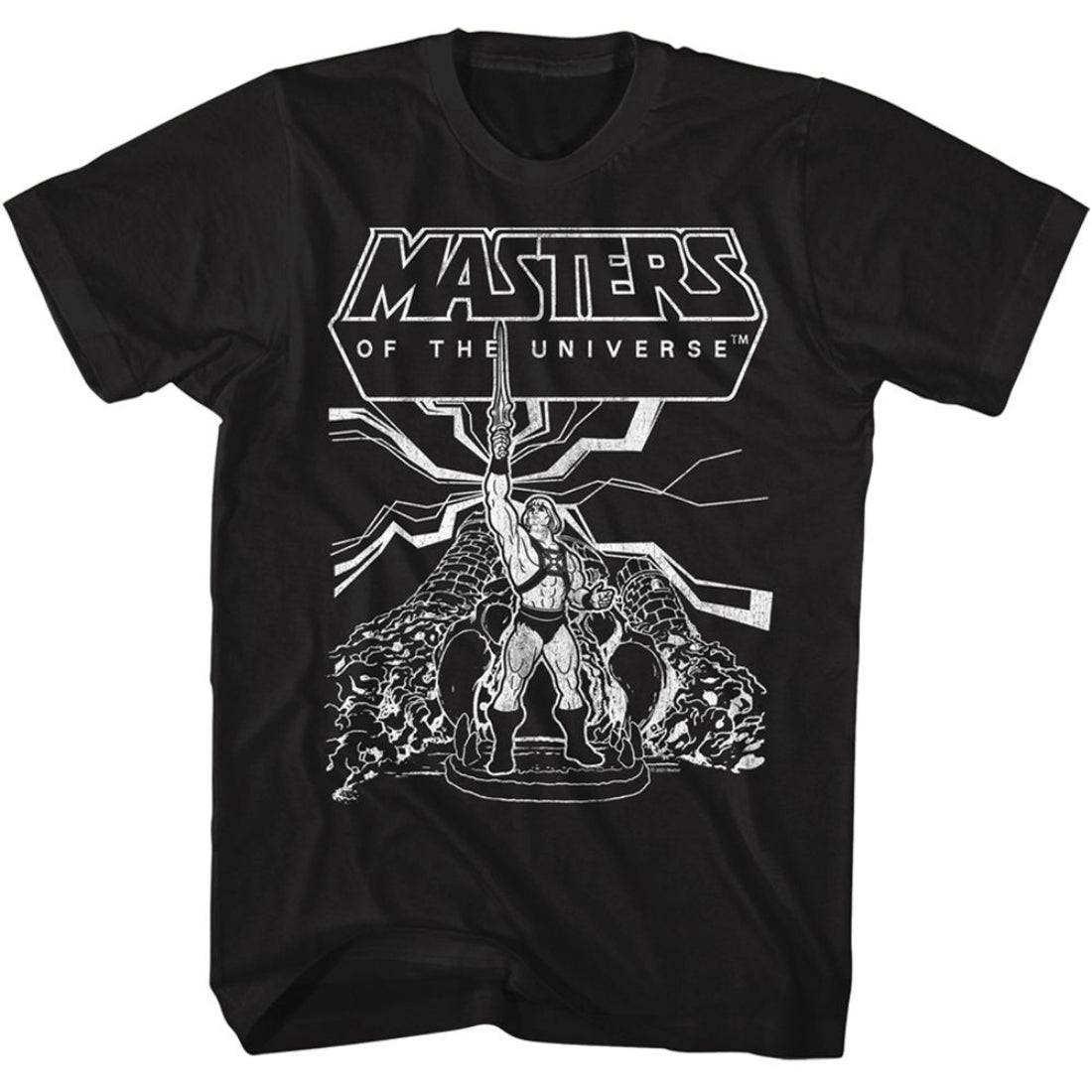 Black t-shirt with 'Masters of the Universe' graphic design on a white background
