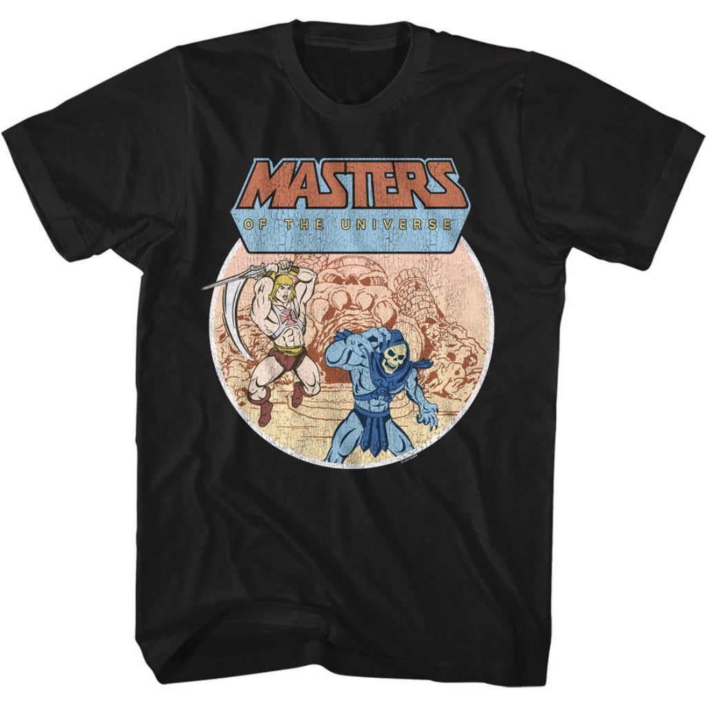 Black t-shirt with 'Masters of the Universe' graphic design featuring He-Man and Skeletor.