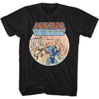 Black t-shirt with 'Masters of the Universe' graphic design featuring He-Man and Skeletor.