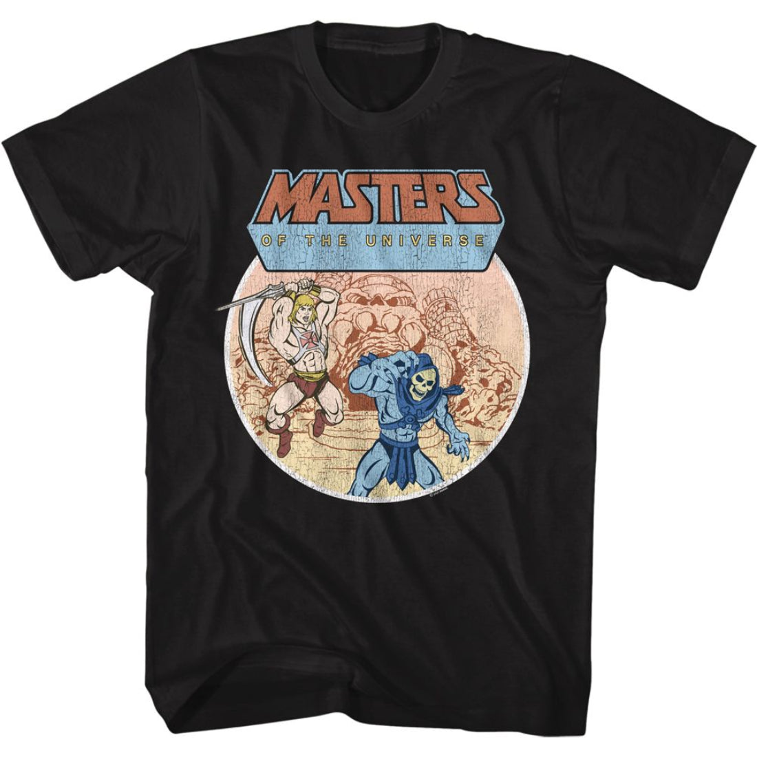Black t-shirt with 'Masters of the Universe' graphic design featuring He-Man and Skeletor.
