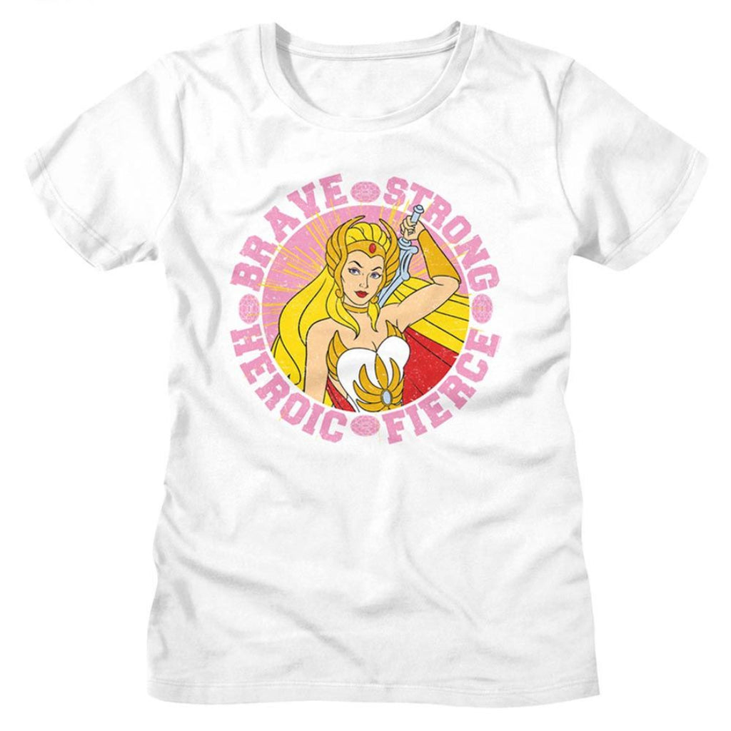 White She-Ra t-shirt with a graphic of a superheroine and text 'Brave, Strong, Heroic, Fierce' on a white background