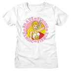 White She-Ra t-shirt with a graphic of a superheroine and text 'Brave, Strong, Heroic, Fierce' on a white background