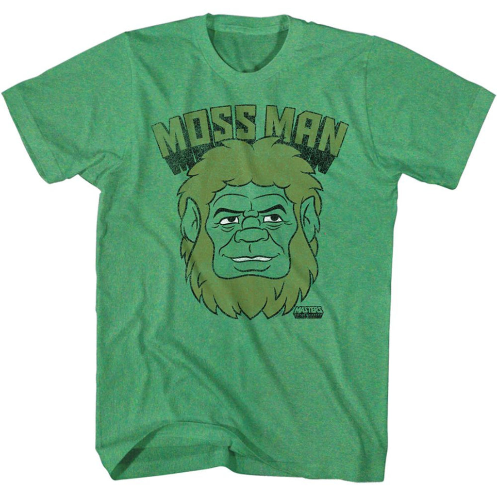 Green Masters of the Universe t-shirt with a graphic of a gorilla head and 'MOSS MAN' text on a white background