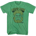 Green Masters of the Universe t-shirt with a graphic of a gorilla head and 'MOSS MAN' text on a white background