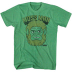 Green Masters of the Universe t-shirt with a graphic of a gorilla head and 'MOSS MAN' text on a white background