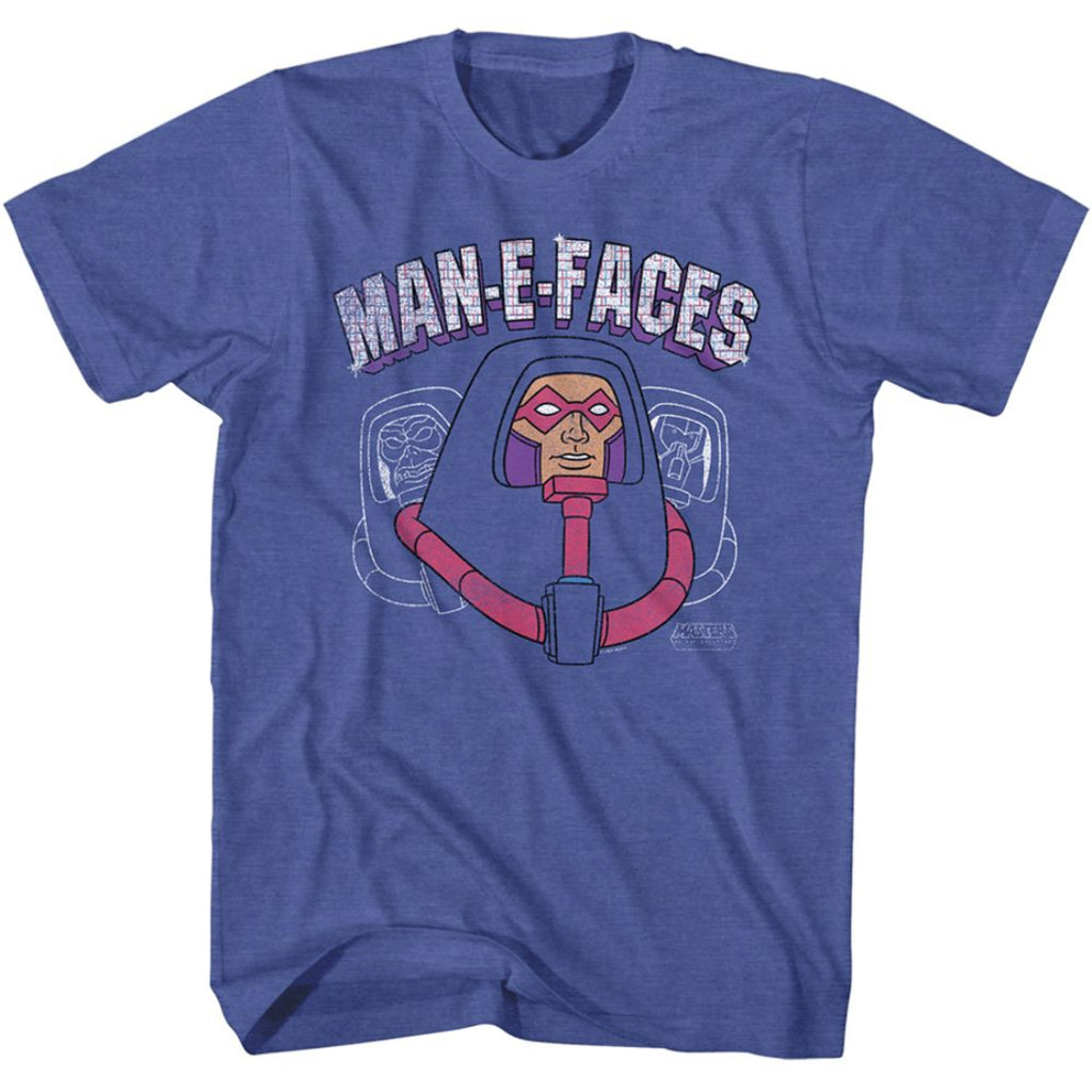 Blue Masters of the Universe t-shirt with 'MAN-E-FACES' graphic design on a white background