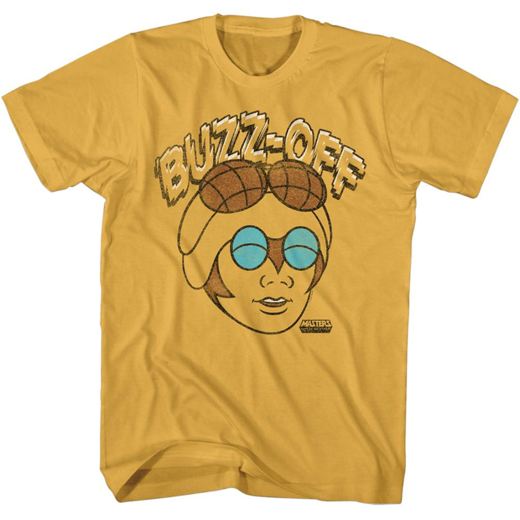 Yellow Masters of the Universe t-shirt with graphic design and text 'BUZZ-OFF' on a white background