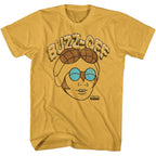 Yellow Masters of the Universe t-shirt with graphic design and text 'BUZZ-OFF' on a white background