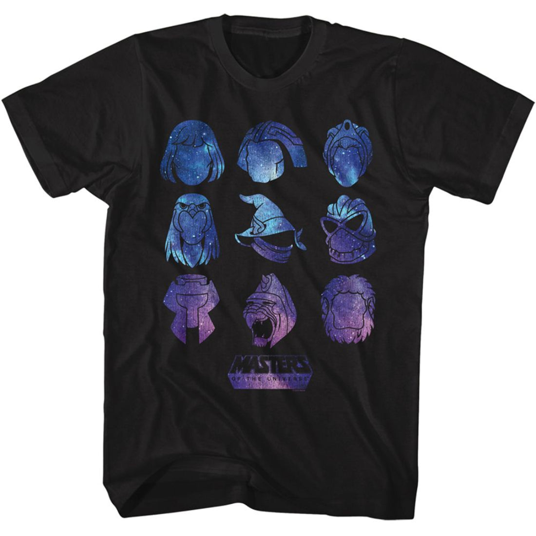 Black t-shirt with colorful alien head designs and 'Masters of the Universe' logo.