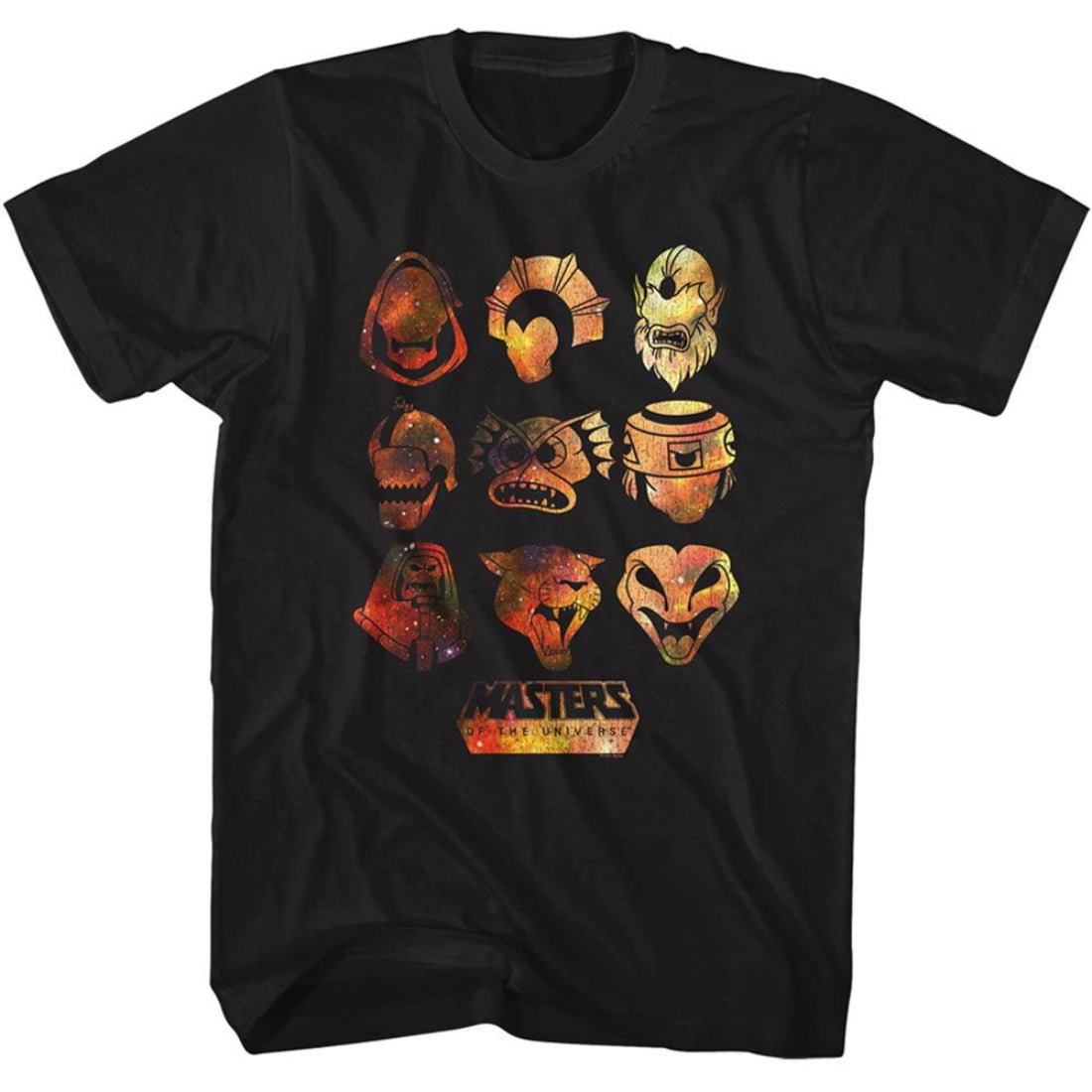 Black t-shirt with colorful mask designs and 'Masters of the Universe' logo on a white background