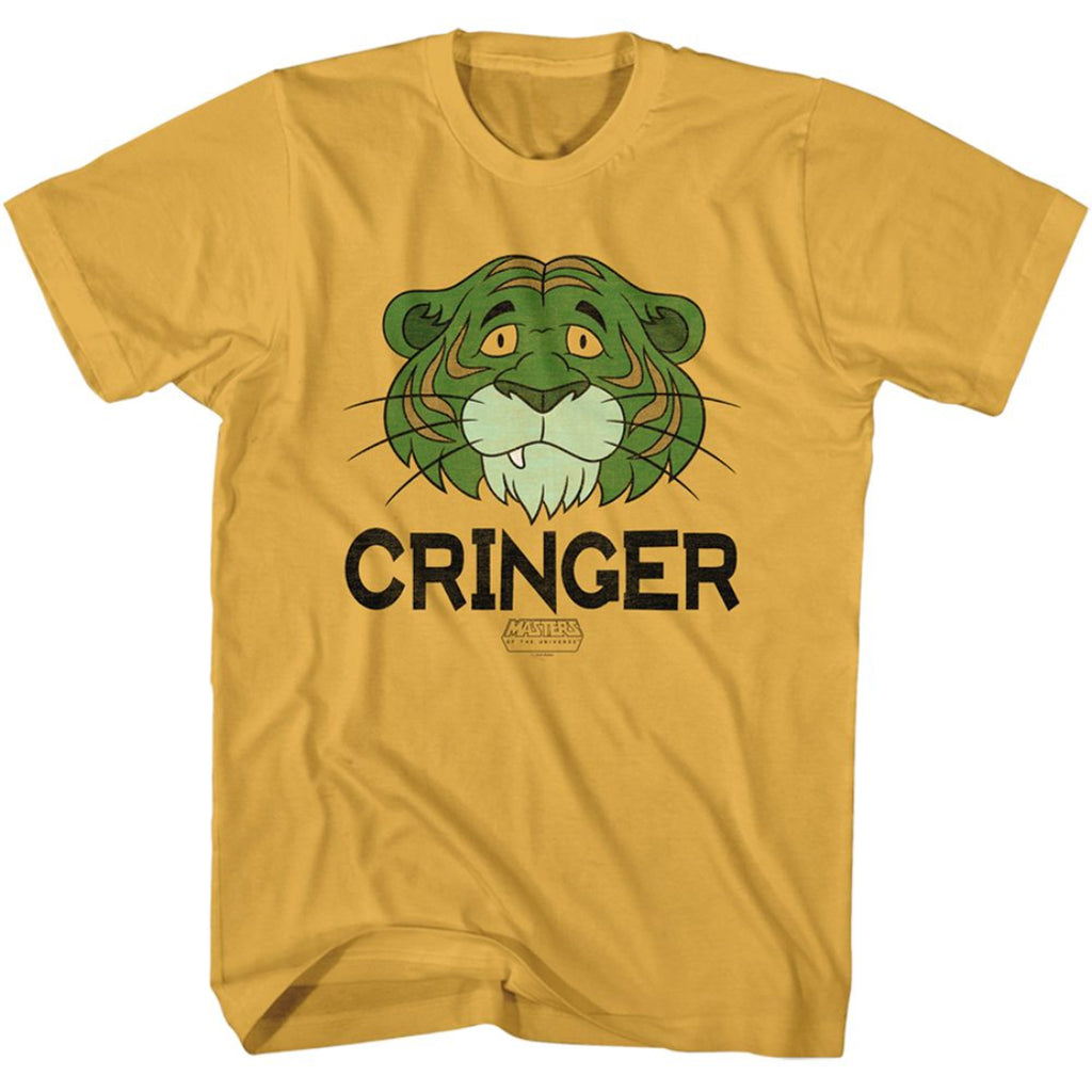 Yellow Masters of the Universe t-shirt with a green tiger graphic and 'CRINGER' text on a white background