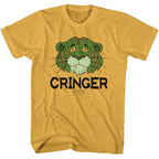 Yellow Masters of the Universe t-shirt with a green tiger graphic and 'CRINGER' text on a white background