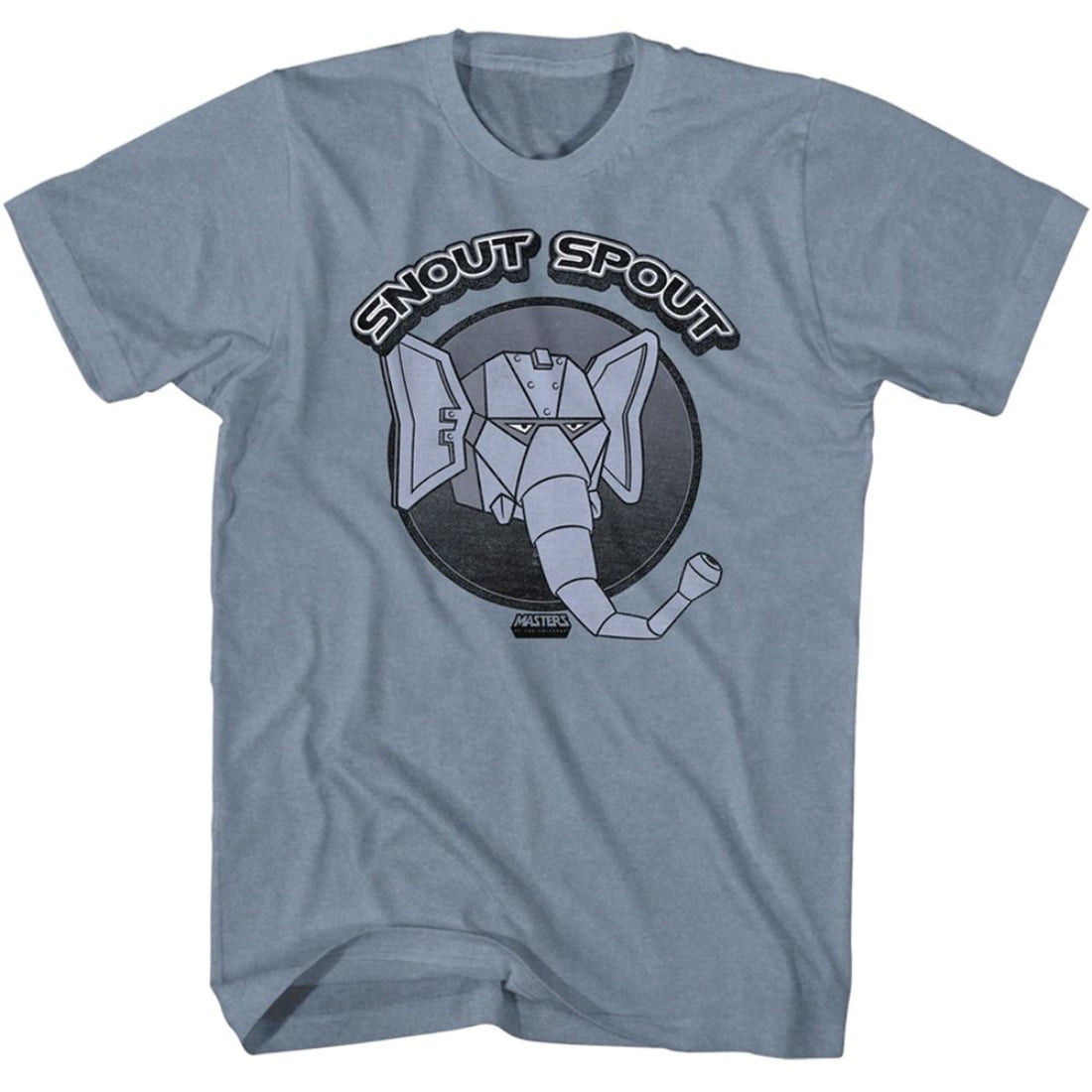 Gray Masters of the Universe t-shirt with robot graphic and 'Snout Spout' text on a white background