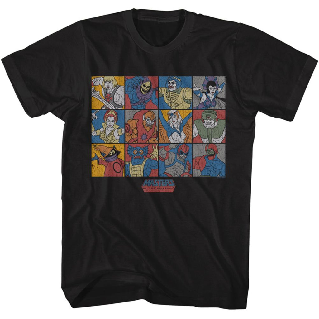 Black Masters of the Universe t-shirt with colorful graphic of characters in a grid layout on a white background