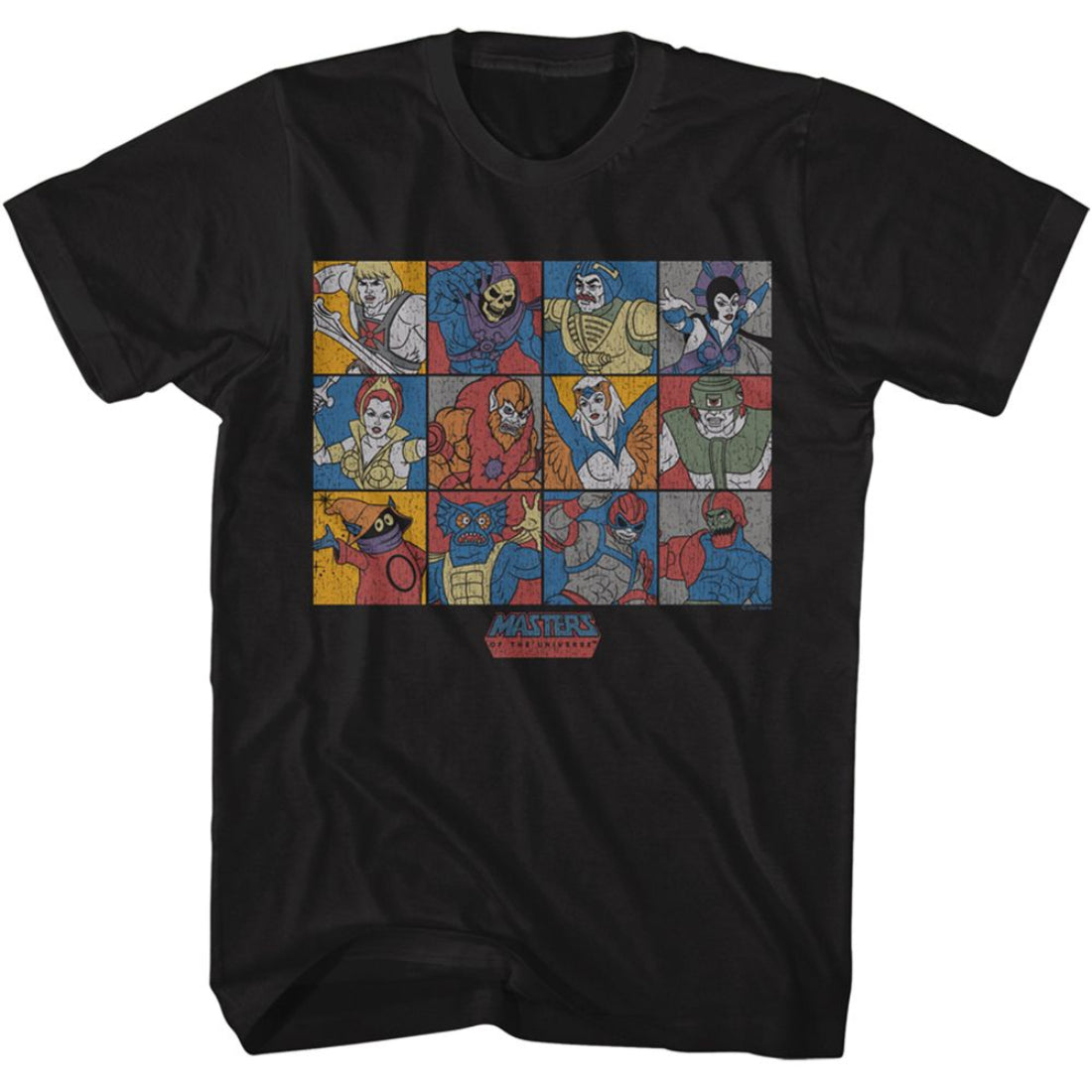 Black Masters of the Universe t-shirt with colorful graphic of characters in a grid layout on a white background
