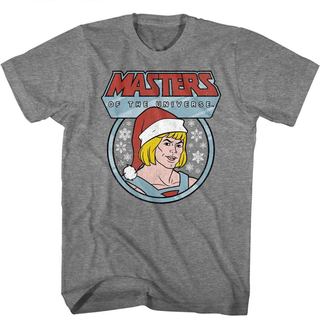 Gray t-shirt with 'Masters of the Universe' logo featuring a character in a Santa hat on a white background.