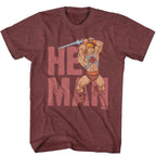 Maroon t-shirt with He-Man graphic and 'HE MAN' text on a white background