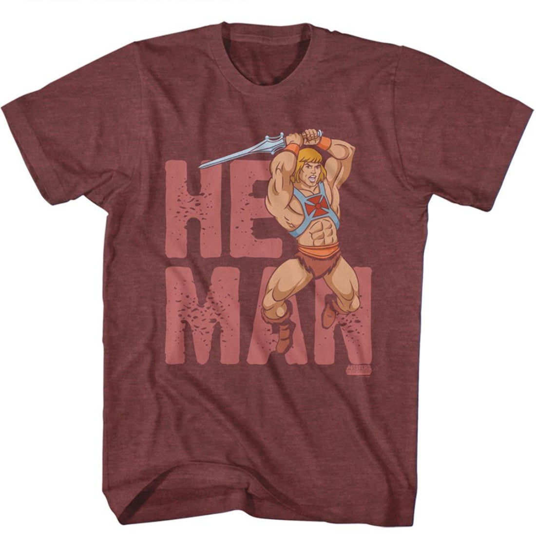 Maroon t-shirt with He-Man graphic and 'HE MAN' text on a white background