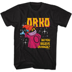 Black Masters of the Universe t-shirt with a character and text 'Do you believe in magic?' on a white background
