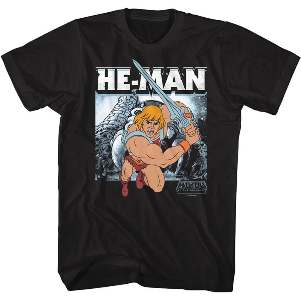 Black t-shirt with He-Man graphic design on a white background