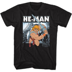 Black t-shirt with He-Man graphic design on a white background