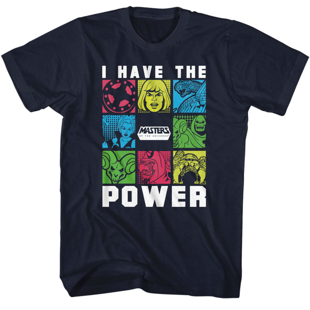 Navy blue Masters of the Universe t-shirt with colorful graphic design and text on a white background