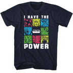 Navy blue Masters of the Universe t-shirt with colorful graphic design and text on a white background