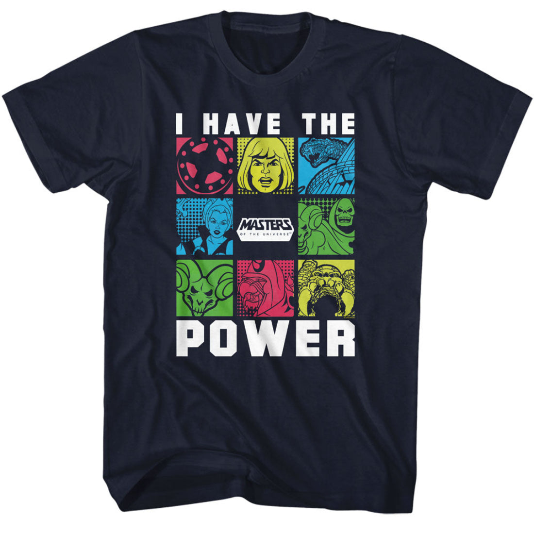 Navy blue Masters of the Universe t-shirt with colorful graphic design and text on a white background