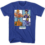 Blue t-shirt with 'Masters of the Universe' character design on a white background