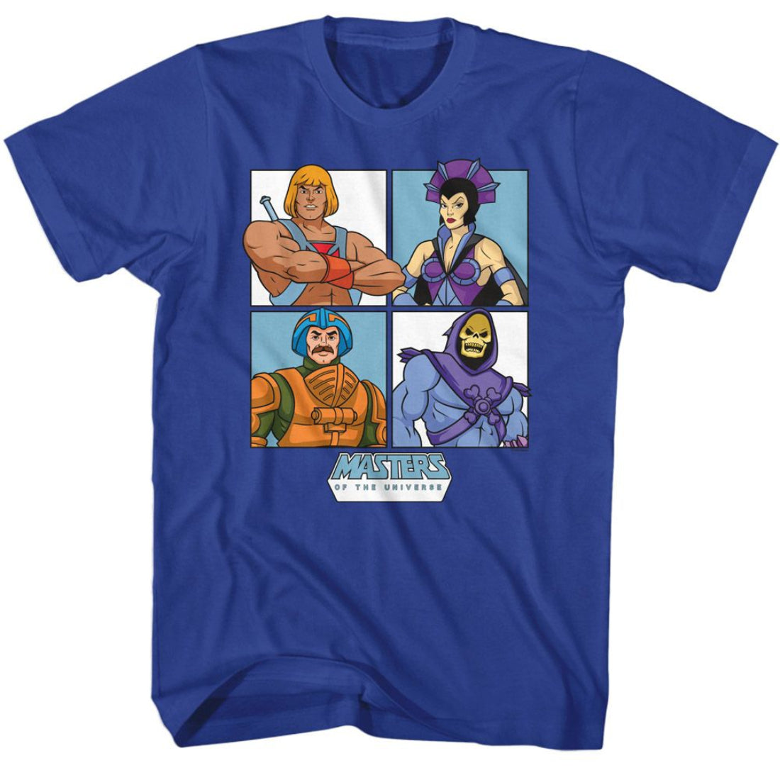 Blue t-shirt with 'Masters of the Universe' character design on a white background
