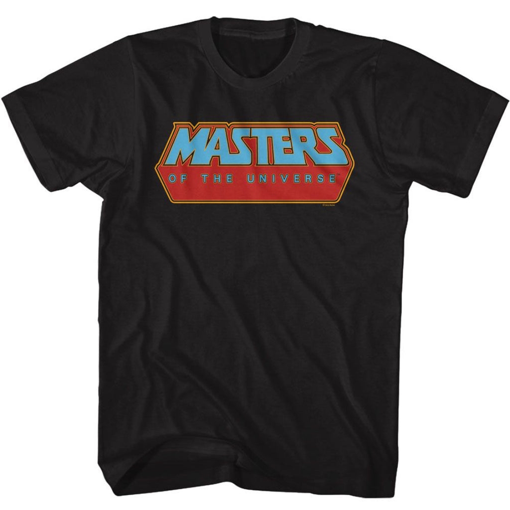 Black t-shirt with 'Masters of the Universe' logo on a white background