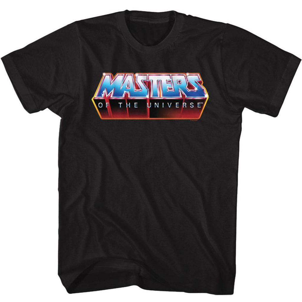 Black t-shirt with 'Masters of the Universe' logo on a white background